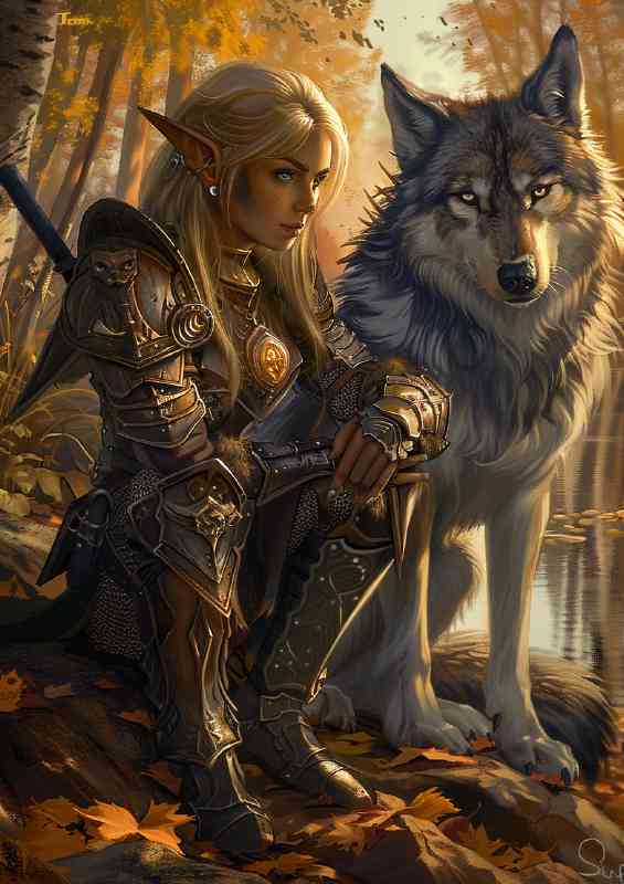 World the blonde elf girl in armor crouch