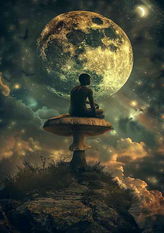 A man sitting on a mushroom