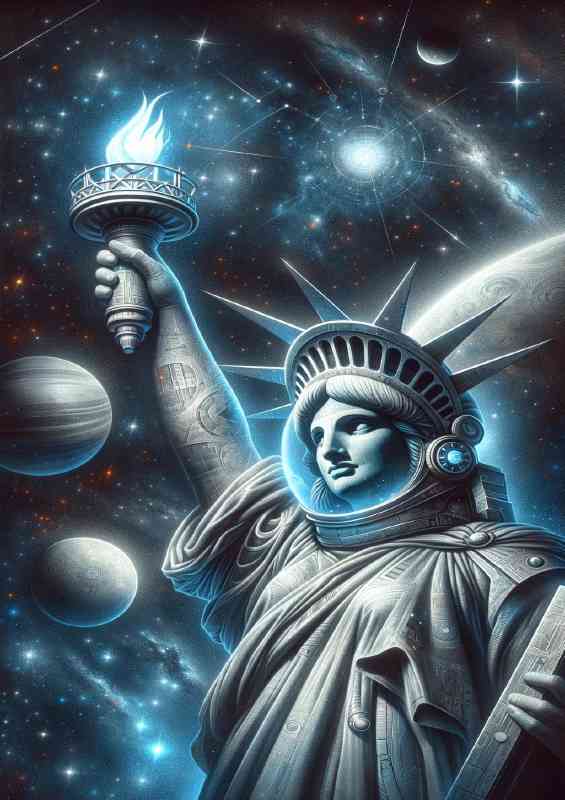 A surreal interpretation of the Statue of Liberty as in space