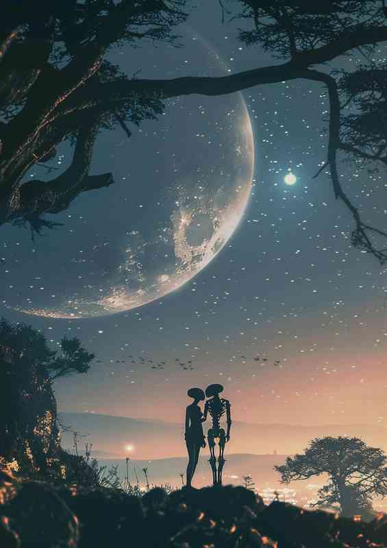 Alien couple from an endless planet looking at Earth