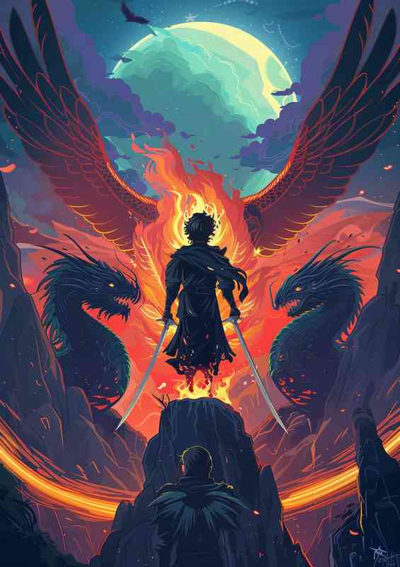 An angel on fire with dragons guiding him