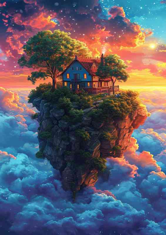 Colorful house on an island in the clouds