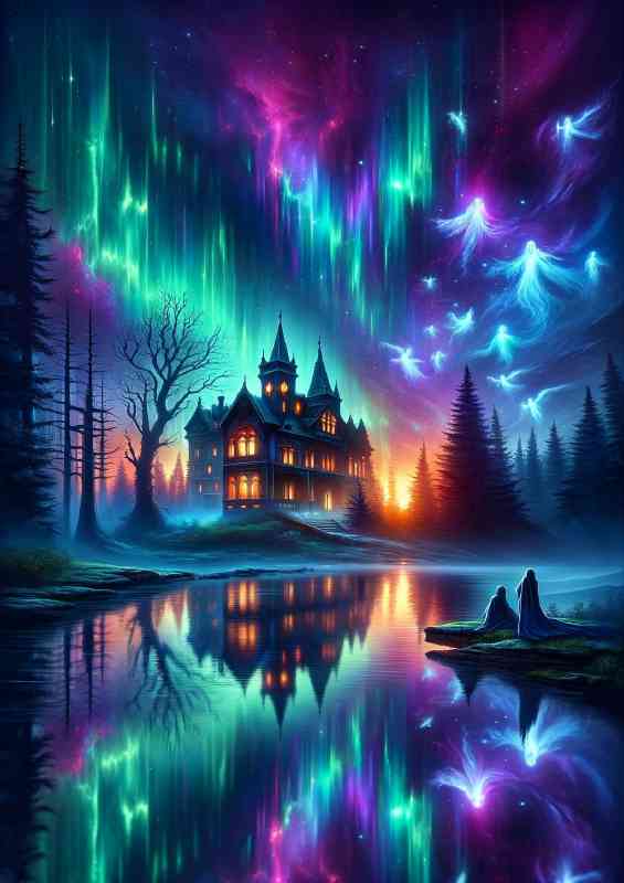 Haunted mansion a mystical forest under a sky with glowing auroras