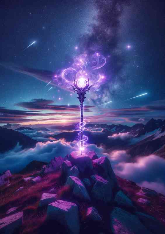 Magical staff radiating with glowing purple energy