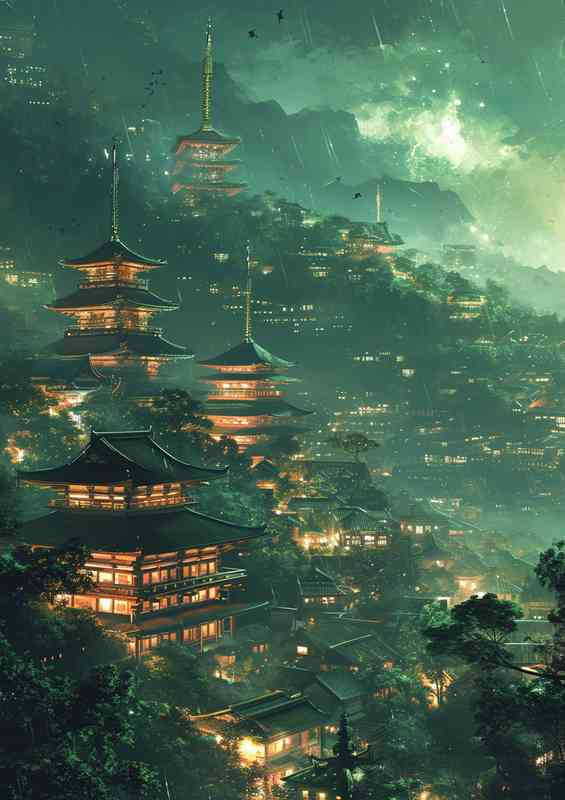 Many pagodas in the village scifi