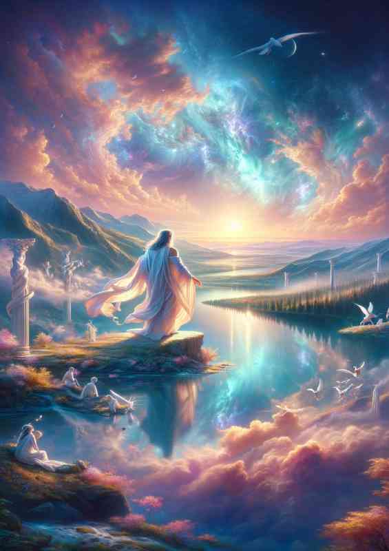 Serene moment in a heavenly landscape featuring a god like figure