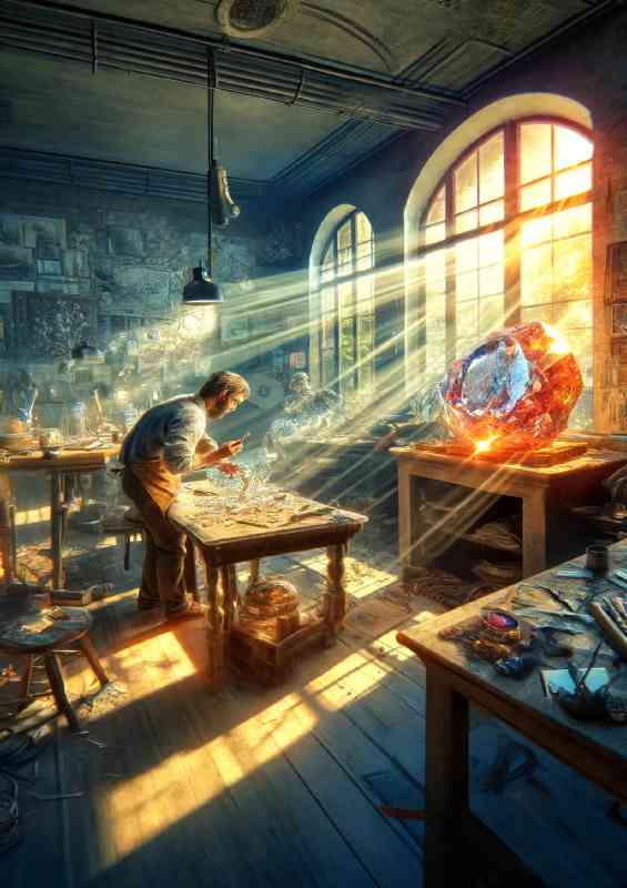 Sunlit studio sculpting with precious stones and metals