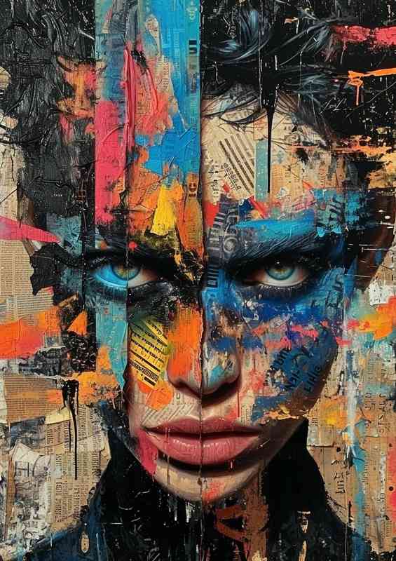 A Lady covered in mixed paint with blue eyes