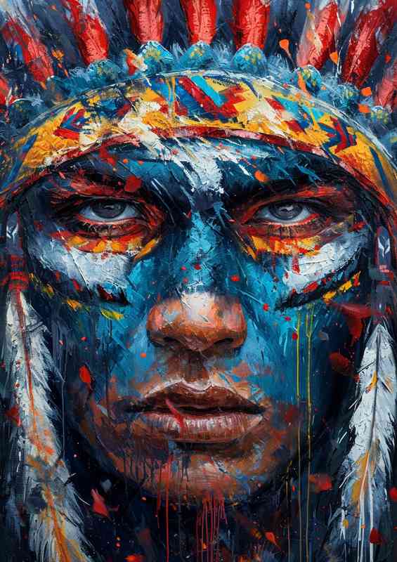 A blue faced indian with full head gear on