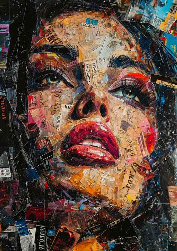 A collage of magazines covers the face street art