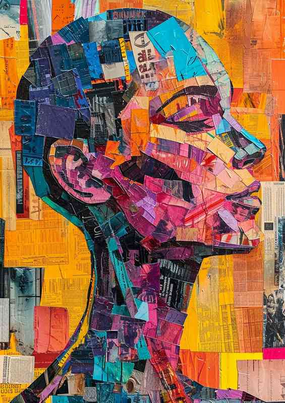 A colorful collage features a human head with a face