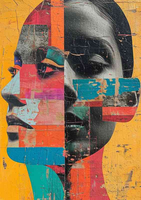 A colorful collage features a human head with two faces