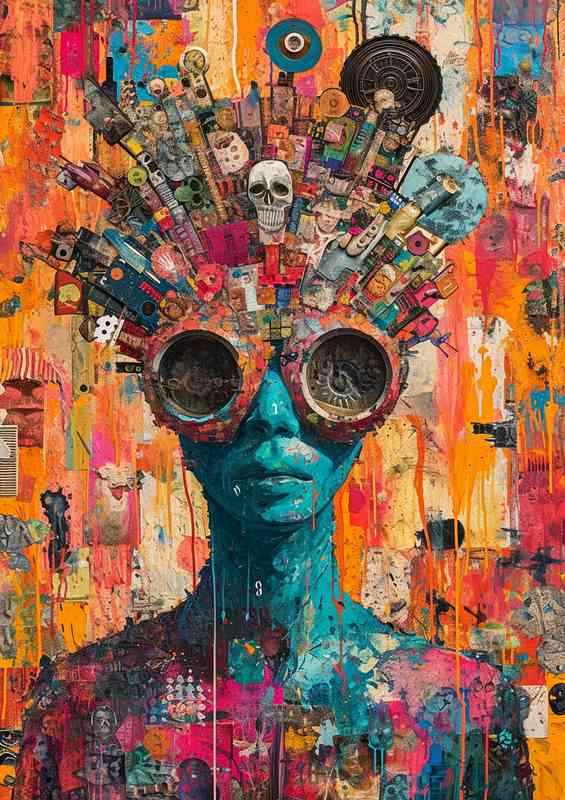 A colourful street art head of a man
