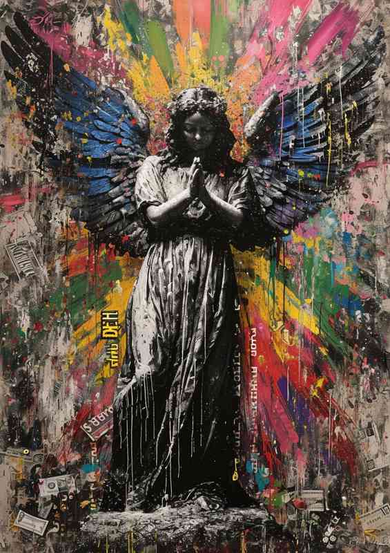 A large black and white picture of a tattoo angel