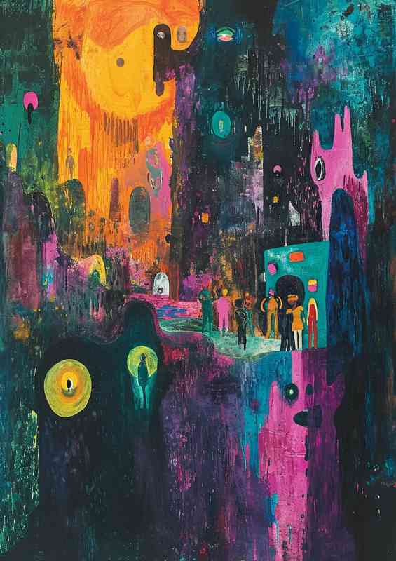 A painting of a monster and people