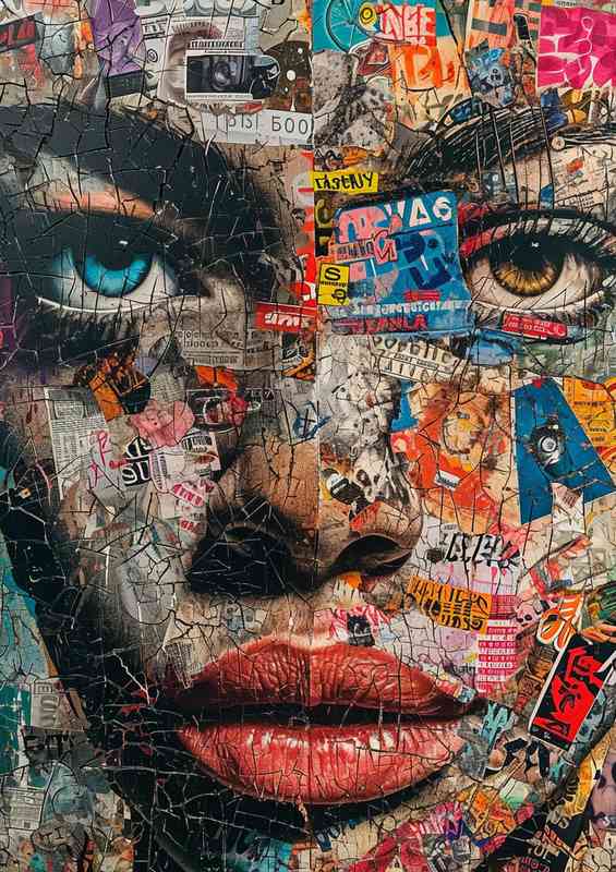 A poster of a face covered in various stickers