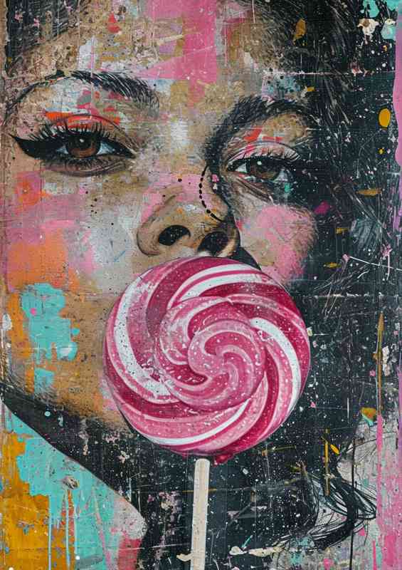 A woman with a pink lollipop in a graffiti art style