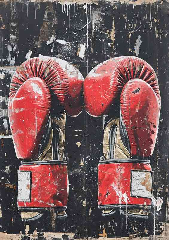 Black and white painting of a pair of red boxing gloves