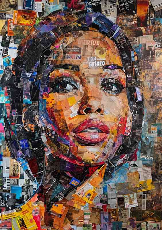 Collage of magazines covers the face of a lady