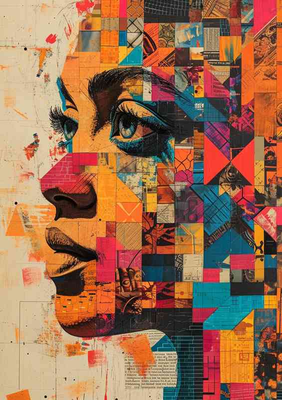 Colorful collage features a human head with a face street art