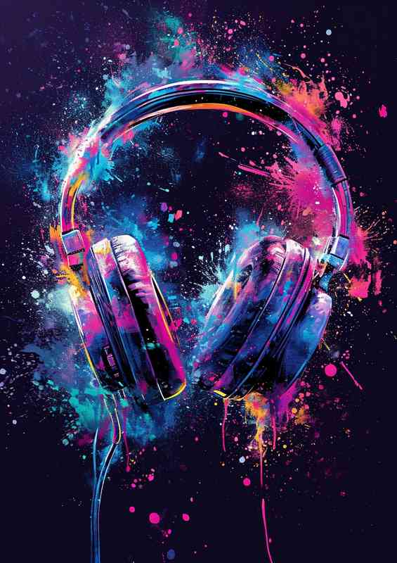 Colorful headphones splattered with paint