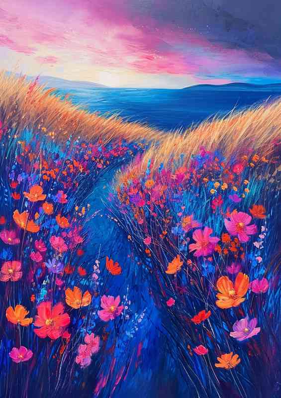 Coloured fields with grass and flowers