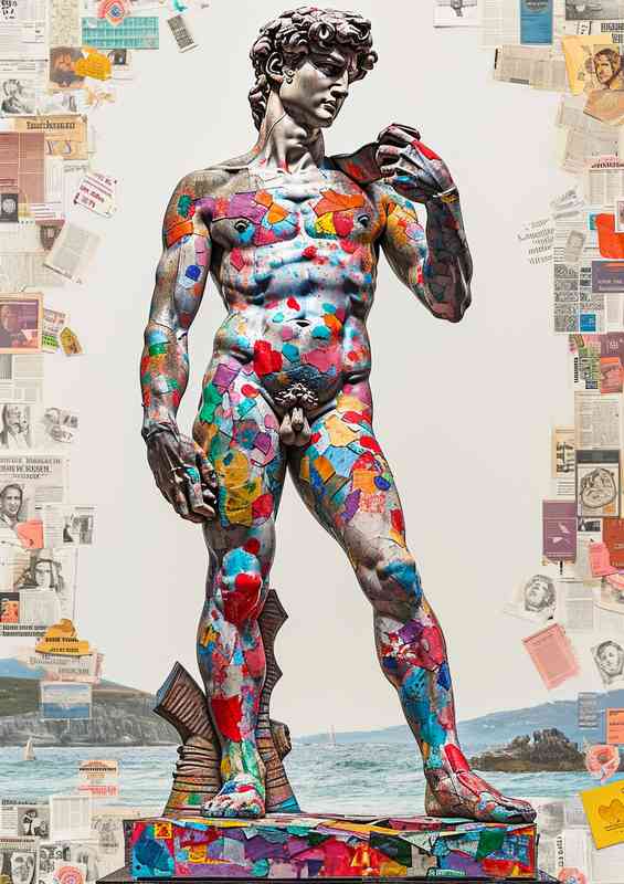 David statue covered in paper stickers art
