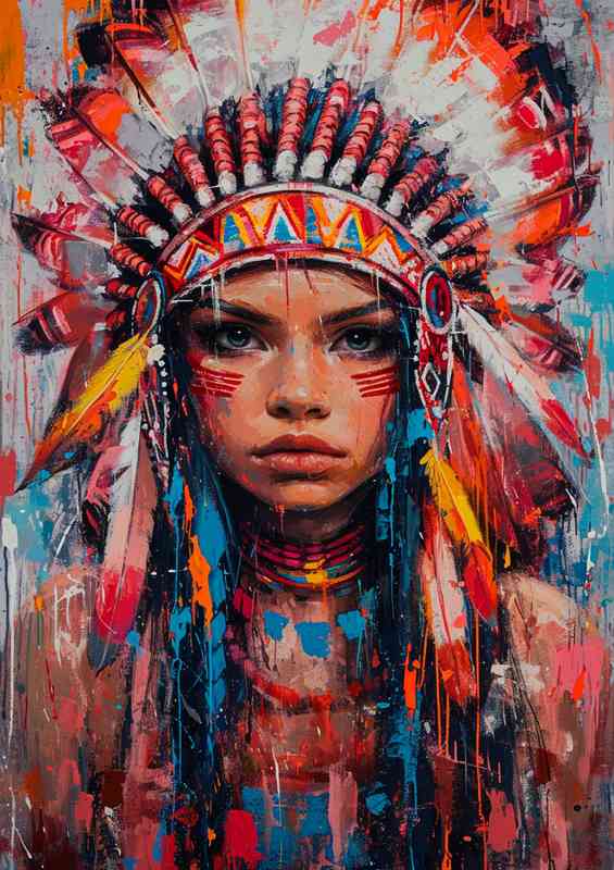 Girl with full feathers in a mixed media art