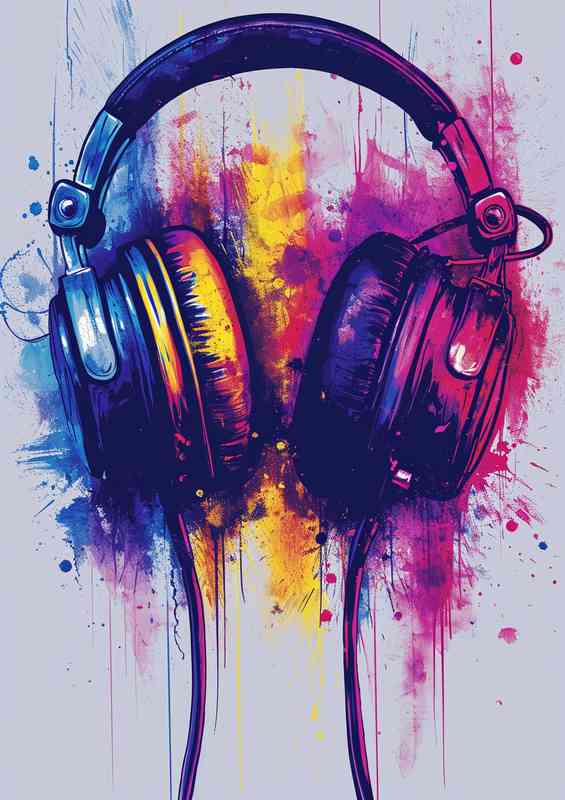 Headphones with colorful splatters purple and yellows