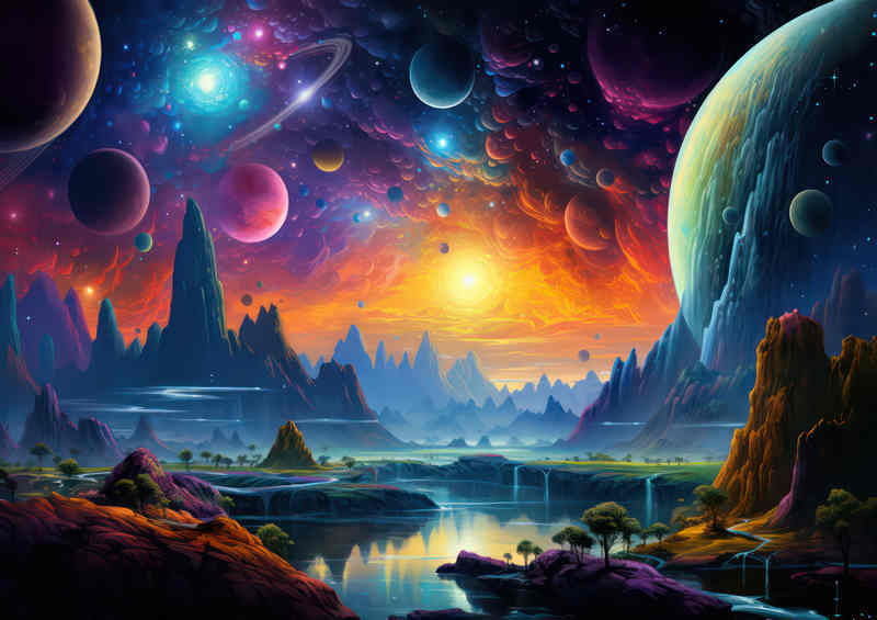 Planets of the universe on a fantasy landscape