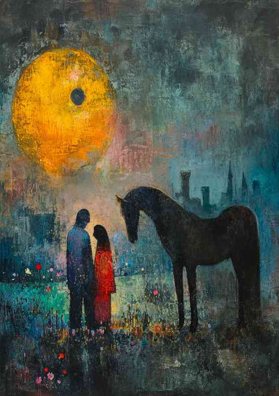 Outside with the horse with a setting sun
