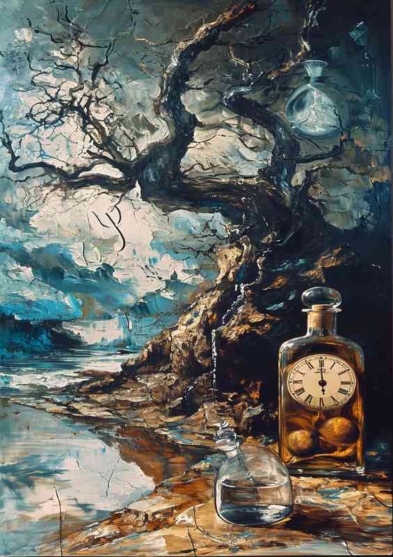 Painting of a clock a tree and an empty bottle