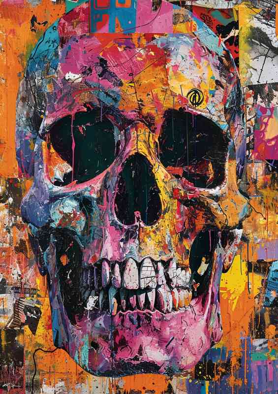 Painting of a skull surrounded by various materials