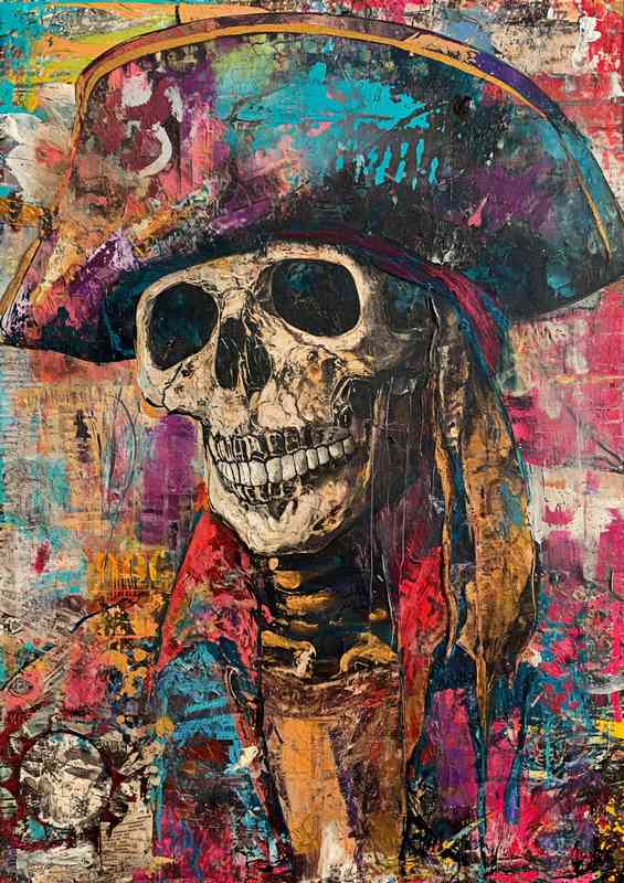 Painting of a skull wearing a pirate hat street art