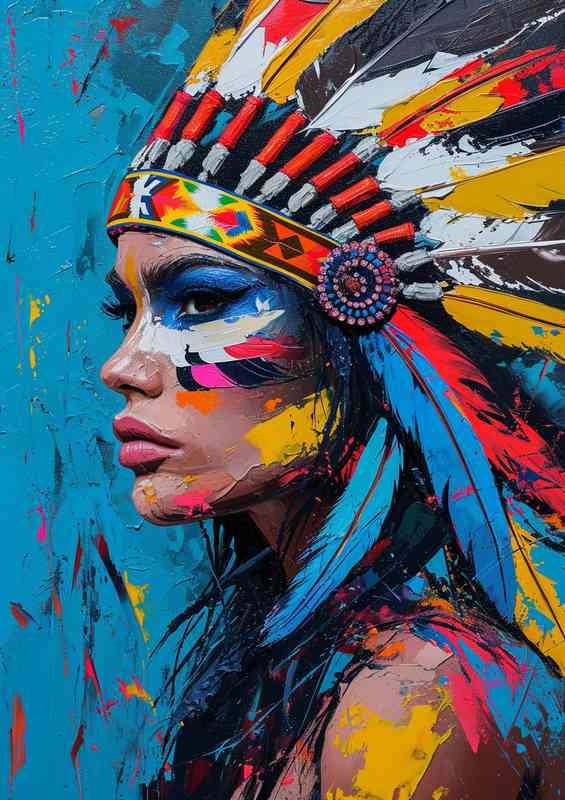 Painting of an american indian woman wearing feathers