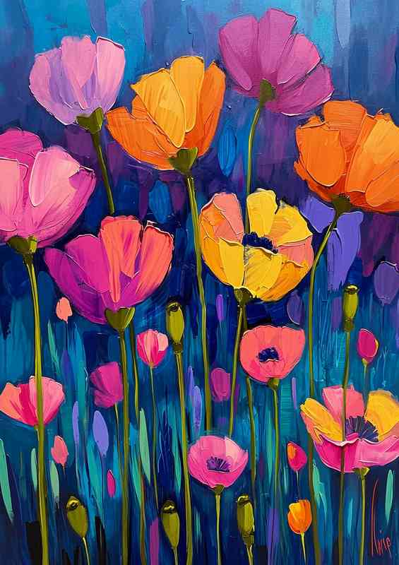 Poppies with array of colours in a field