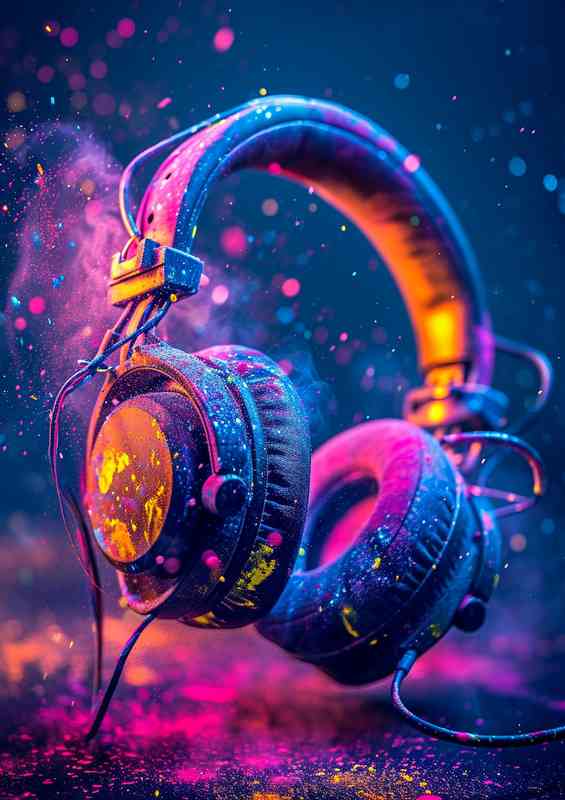 Purple headphones with colorful splatter art