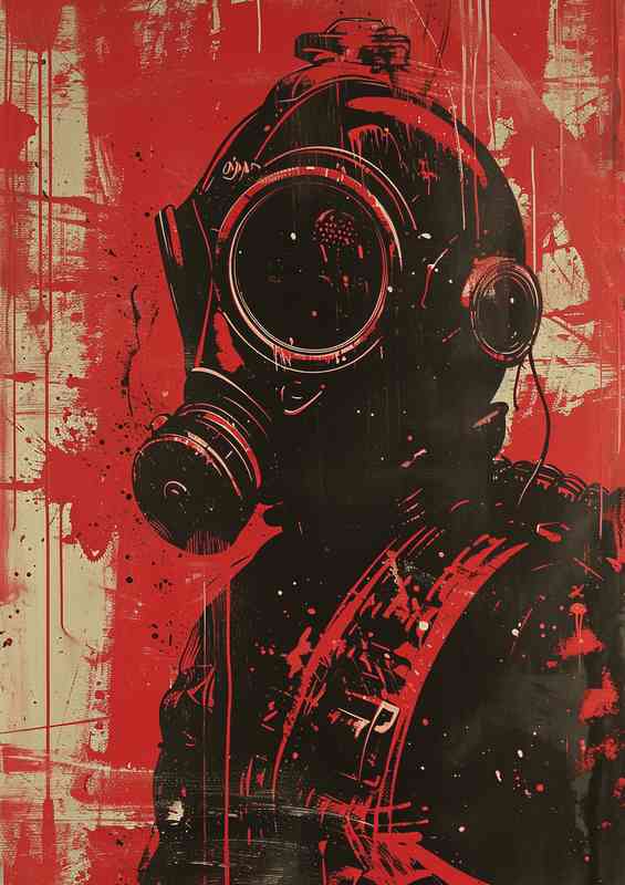 Red and black painting of a man in a gimp mask