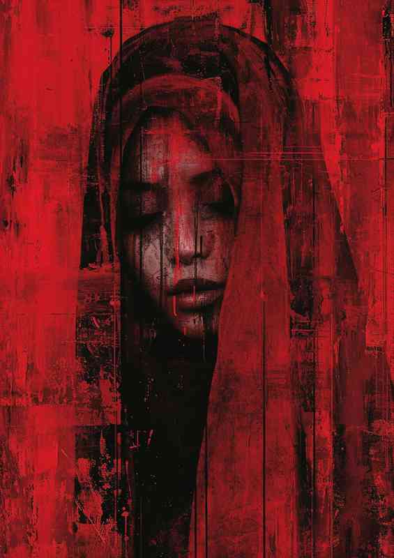 Red painting with a woman with a veil in black