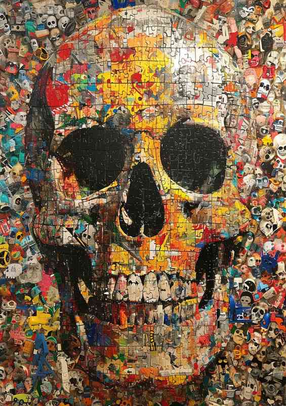 Skull in the center of a collage of junk toys