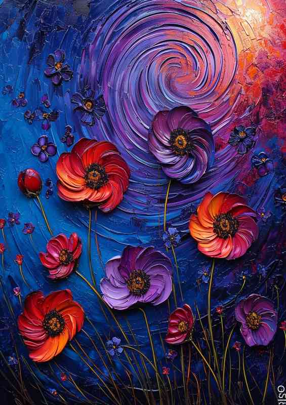 The night swirls and purple flowers