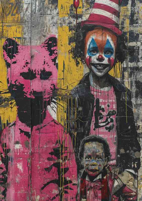 The pink cat and the clown in a street art style