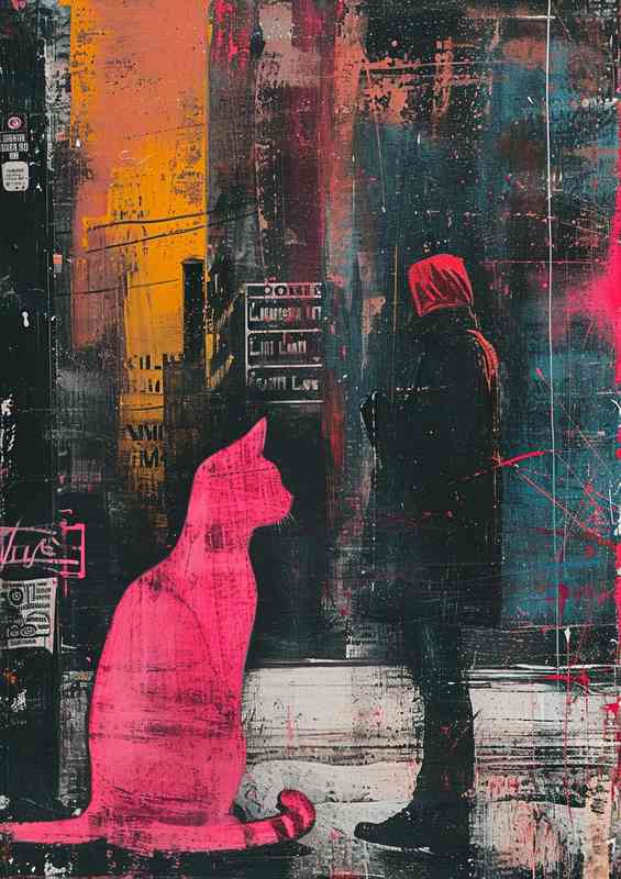 The pink cat and the man street art