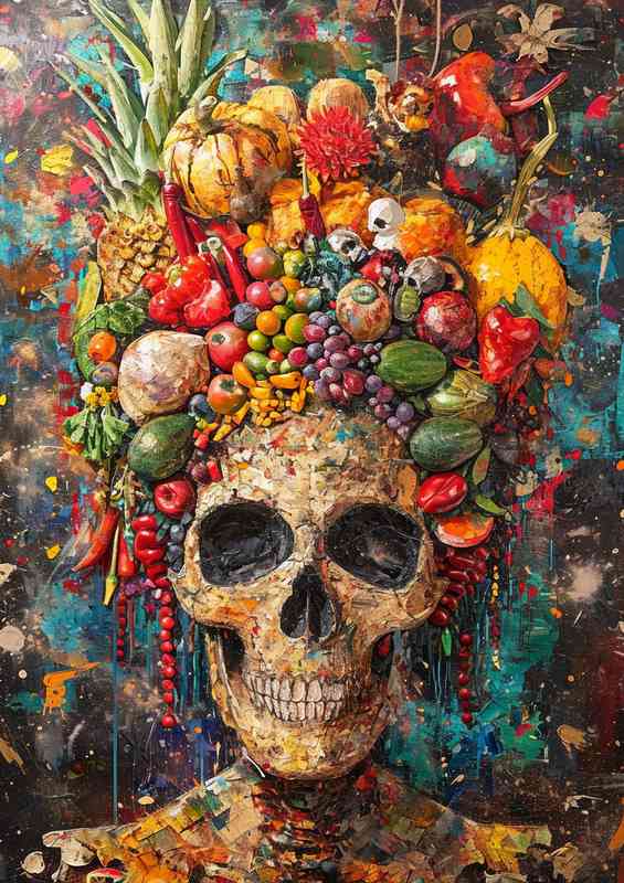 The skull painting has many different kinds of foods