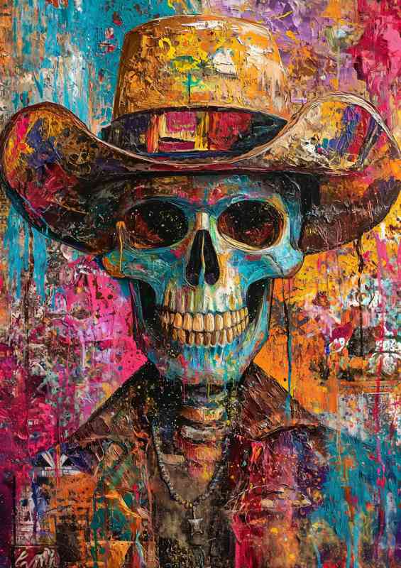 The skull wearing the cowboy hat with mixed media