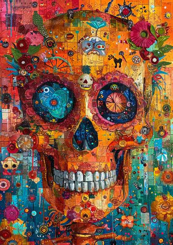 The skull with many different items street art