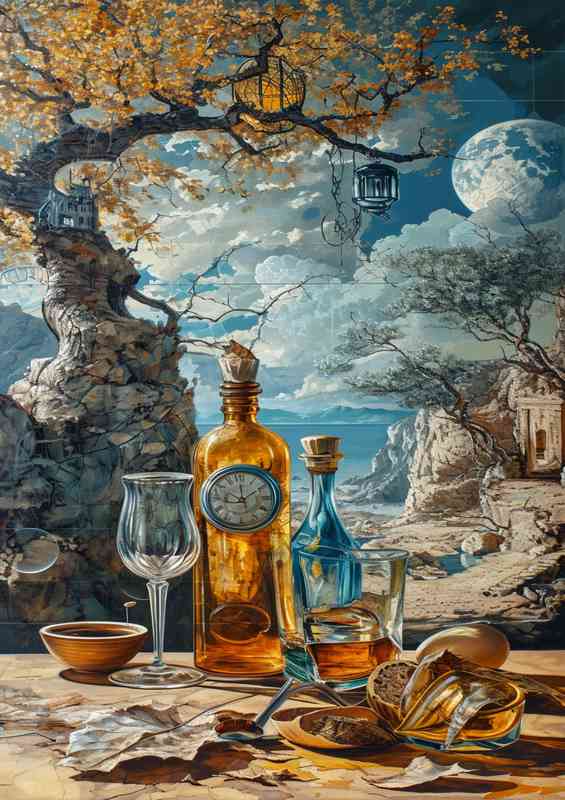 Time clock empty bottle by the tree surrealisum