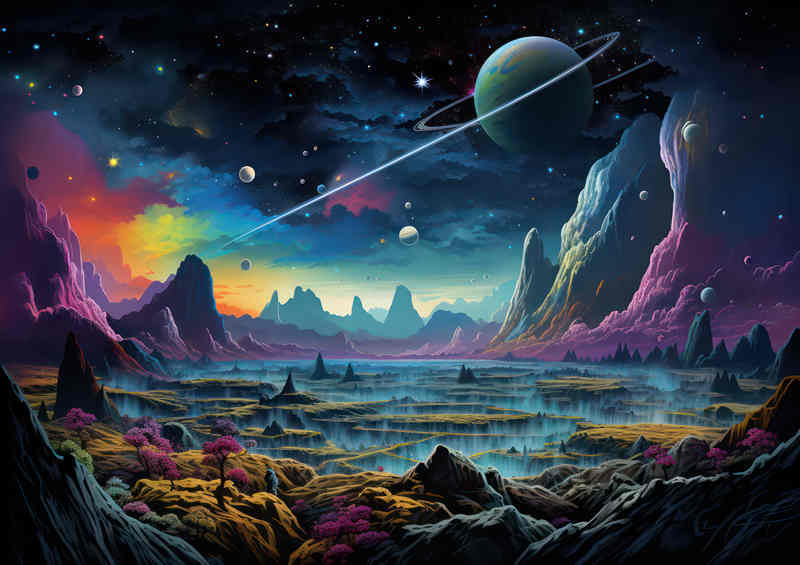 Planets with colourful mountains in a fantasy landscape