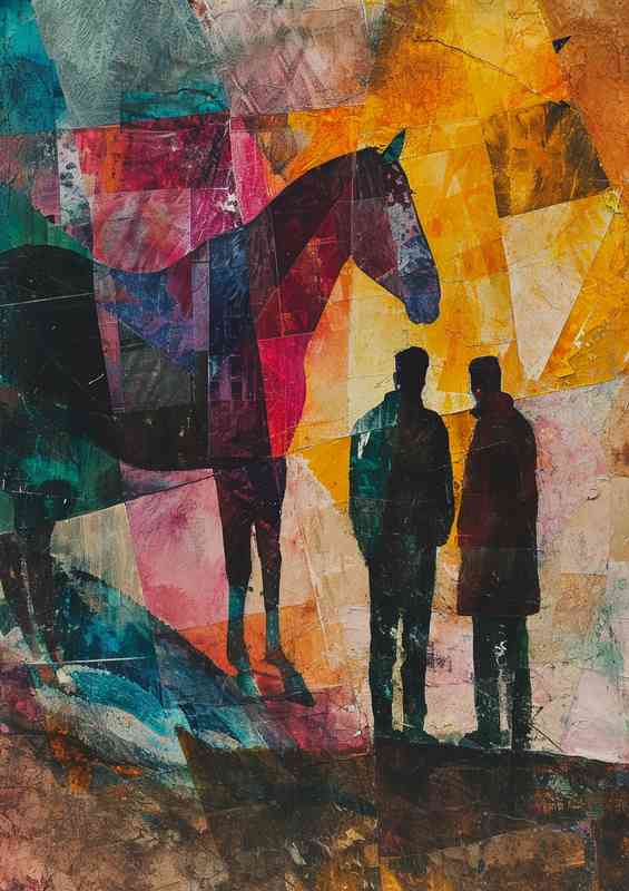 Two people and a horse stand before it abstract style