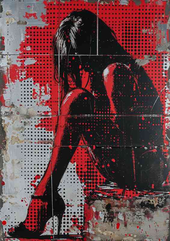 Woman sat downin red with black dots